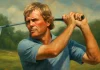 Johnny Miller: El Jugador que Revolucionó el Golf Esta ilustración realista representa a Johny Miller en su histórica victoria en el U.S. Open de 1973, destacando su potente golpeo y su enfoque decidido en el campo. La imagen captura el estilo agresivo y la determinación que lo caracterizaron durante ese torneo memorable.