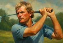 Johnny Miller: El Jugador que Revolucionó el Golf Esta ilustración realista representa a Johny Miller en su histórica victoria en el U.S. Open de 1973, destacando su potente golpeo y su enfoque decidido en el campo. La imagen captura el estilo agresivo y la determinación que lo caracterizaron durante ese torneo memorable.