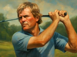 Esta ilustración realista representa a Johny Miller en su histórica victoria en el U.S. Open de 1973, destacando su potente golpeo y su enfoque decidido en el campo. La imagen captura el estilo agresivo y la determinación que lo caracterizaron durante ese torneo memorable.