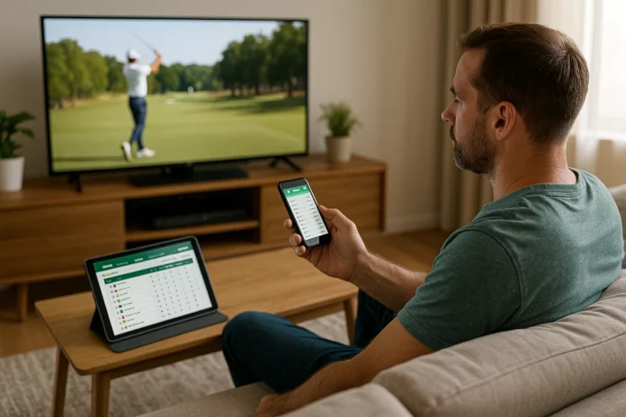Aficionado al golf en casa viendo un torneo por televisión con un móvil y una tablet
