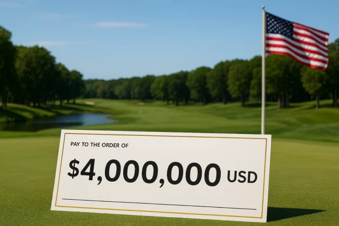 Cheque de 4 millones de dólares sobre un campo de golf con bandera de EE.UU. al fondo