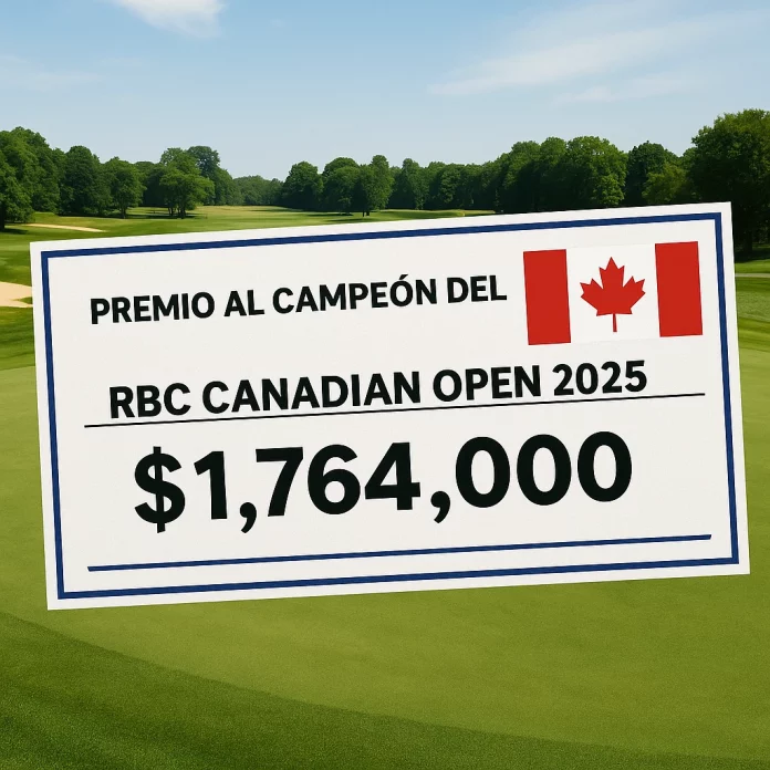 Cheque de 1.764.000 dólares sobre campo de golf con bandera de Canadá