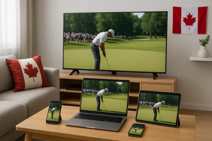 Dispositivos electrónicos en un salón mostrando el RBC Canadian Open en directo, con bandera de Canadá visible