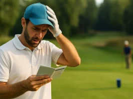 Golfista confundido en el tee leyendo tarjeta de score con expresión preocupada