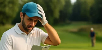6 reglas de golf que siempre se olvidan (y pueden costarte caro) Golfista confundido en el tee leyendo tarjeta de score con expresión preocupada