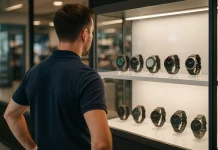 Los Mejores Relojes GPS para Golfistas en 2025 Hombre frente a una vitrina con relojes GPS para golf en una tienda iluminada