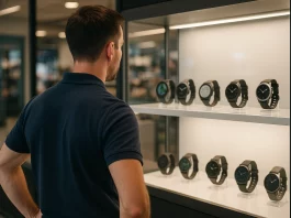 Hombre frente a una vitrina con relojes GPS para golf en una tienda iluminada