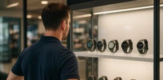 Hombre frente a una vitrina con relojes GPS para golf en una tienda iluminada