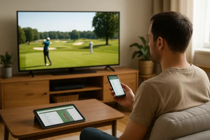 Aficionado al golf en casa con móvil y tablet viendo un torneo en televisión