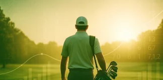 Golfista profesional caminando con gráficos de scoring average sobre el campo