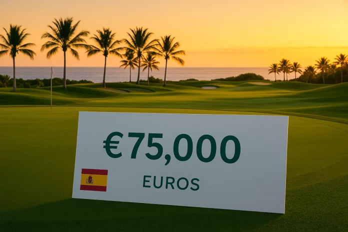 Cheque de 75.000 euros con bandera de España sobre campo de golf en Tenerife