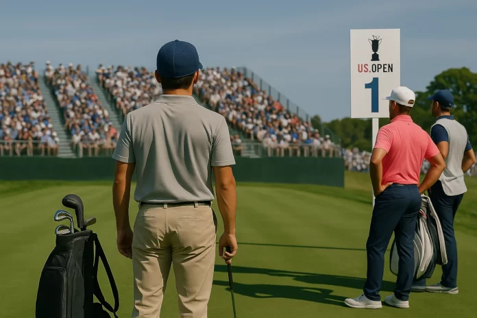 Jugador amateur preparándose para salir en el hoyo 1 del US Open junto a un profesional y su caddie