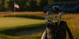 Bolsa de golf profesional con bandera de EE. UU. al fondo en un campo del US Open