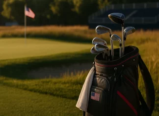 Cómo Preparan su Equipo los Jugadores para el US Open Bolsa de golf profesional con bandera de EE. UU. al fondo en un campo del US Open