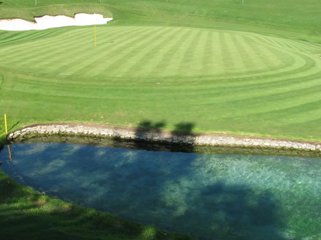 Green del Club de Golf Valderrama con obstáculo de agua y bunker en el lado opuesto