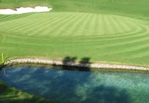 Los grandes momentos del golf en Valderrama: historia viva entre pinos y presión Green del Club de Golf Valderrama con obstáculo de agua y bunker en el lado opuesto