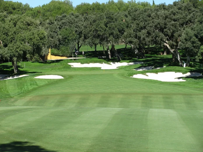 Calle del Club de Golf Valderrama con el green al fondo, mostrando el diseño característico del campo.