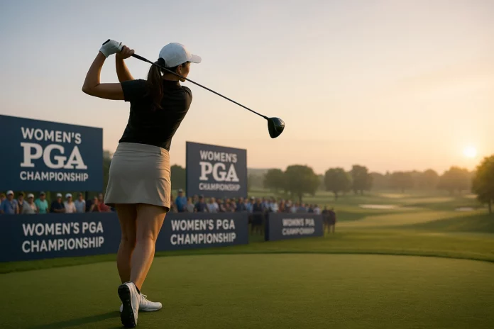Golfista saliendo desde el tee al amanecer en el Women’s PGA Championship 2025