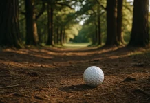 Cómo jugar un golpe de recuperación entre árboles Bola de golf sobre terreno terroso entre árboles altos en un campo de golf