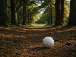 Bola de golf sobre terreno terroso entre árboles altos en un campo de golf