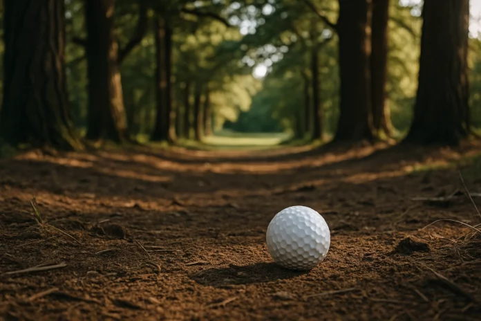 Bola de golf sobre terreno terroso entre árboles altos en un campo de golf