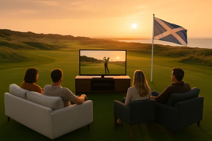 ersonas viendo golf en un sofá sobre el campo al atardecer, con bandera de Escocia