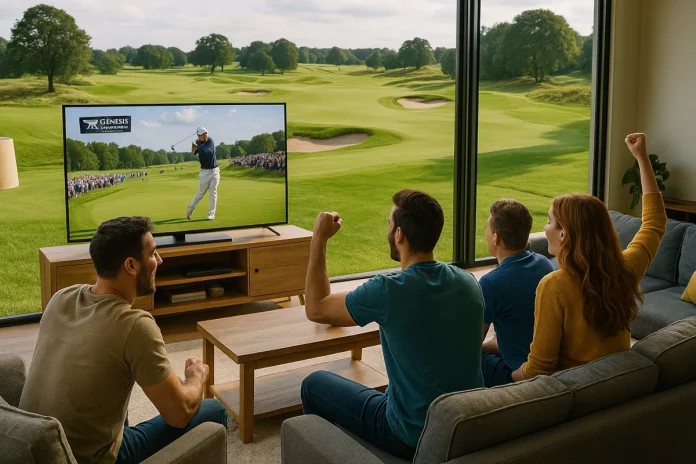 Amigos viendo el Genesis Scottish Open 2025 por televisión en un salón ubicado en medio de un campo de golf