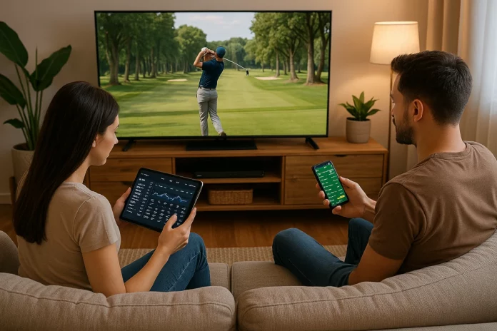Pareja en el sofá viendo golf por televisión, ella con estadísticas en una tablet y él con apuestas en el móvil.