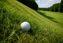 Golpe cuesta abajo desde el rough: técnica y elección de palo Bola de golf en hierba alta sobre una pendiente descendente hacia el fairway