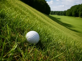 Bola de golf en hierba alta sobre una pendiente descendente hacia el fairway