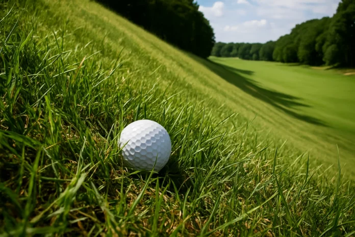 Bola de golf en hierba alta sobre una pendiente descendente hacia el fairway