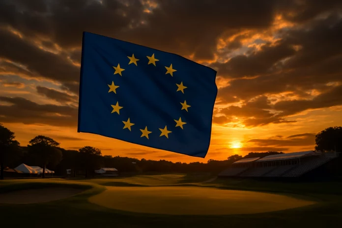 Bandera de Europa ondeando sobre un campo de golf con gradas al atardecer