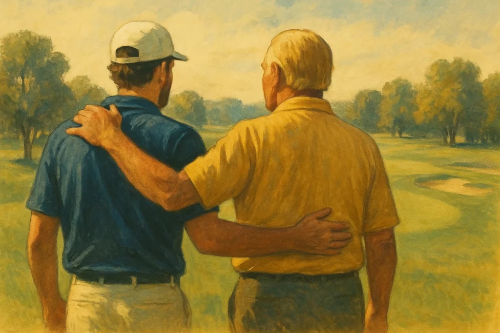 Ilustración de dos golfistas abrazados por el hombro en un campo de golf, uno con polo azul y otro con polo amarillo, en clara alusión a Scottie Scheffler y Jack Nicklaus.
