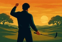 La Ryder Cup 1997 en Valderrama: cuando Seve hizo historia en casa Ilustración épica de un golfista celebrando con el puño alzado al atardecer en un campo estilo Valderrama