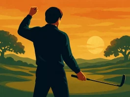 Ilustración épica de un golfista celebrando con el puño alzado al atardecer en un campo estilo Valderrama