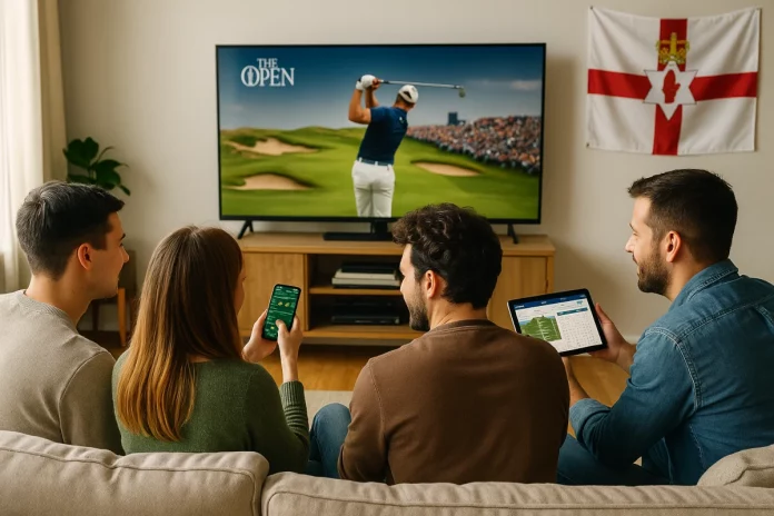 Grupo de amigos viendo un torneo de golf en casa con TV, móvil y tablet, y una bandera de Irlanda del Norte visible