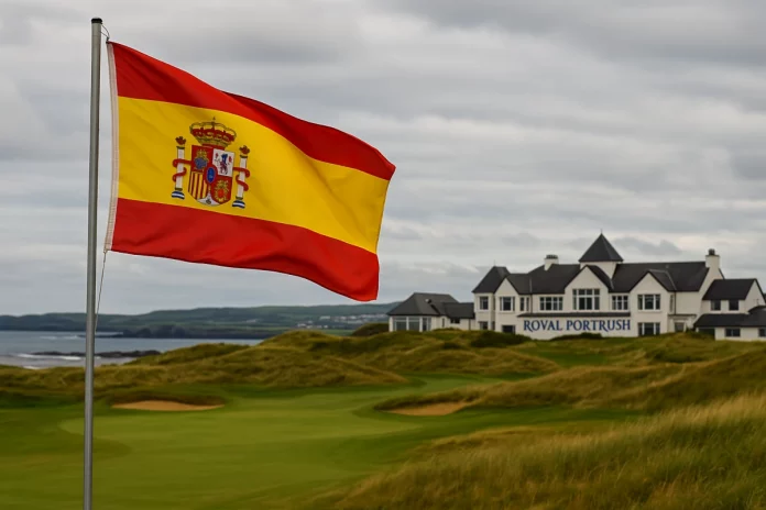 Bandera de España ondeando con el campo de golf Royal Portrush al fondo