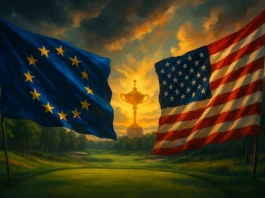 Banderas de Europa y Estados Unidos ondeando frente a frente en un campo de golf inspirado en Bethpage Black con la Copa Ryder difuminada al fondo.
