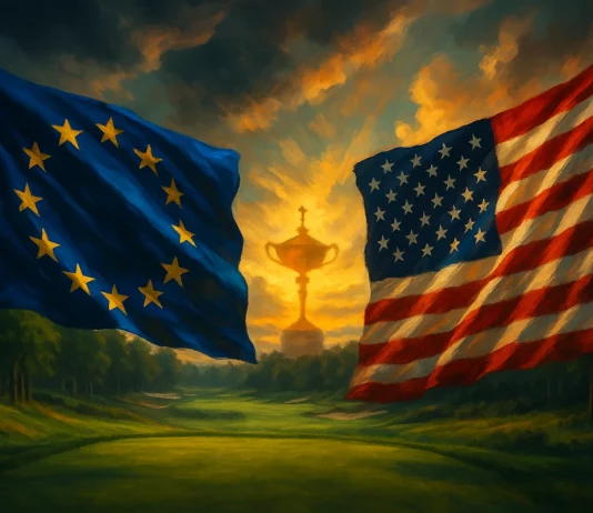 Shane Lowry desafía a la grada de Bethpage: “Habrá muchos fans europeos en la Ryder Cup 2025” Banderas de Europa y Estados Unidos ondeando frente a frente en un campo de golf inspirado en Bethpage Black con la Copa Ryder difuminada al fondo.