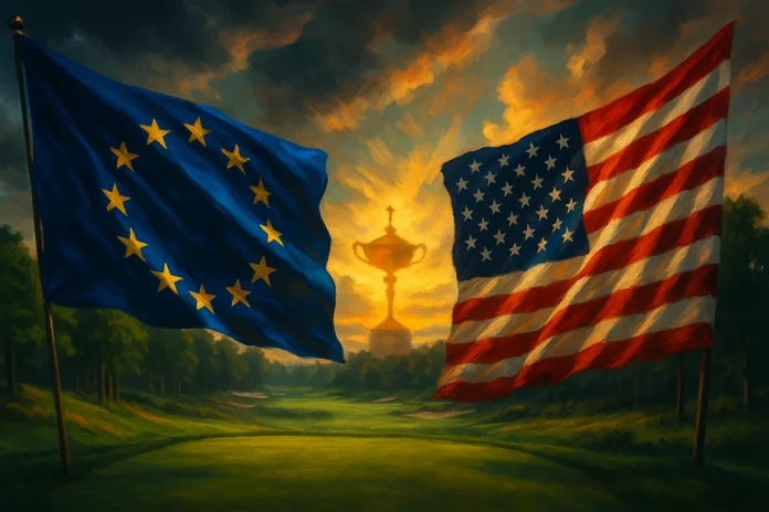 Banderas de Europa y Estados Unidos ondeando frente a frente en un campo de golf inspirado en Bethpage Black con la Copa Ryder difuminada al fondo.