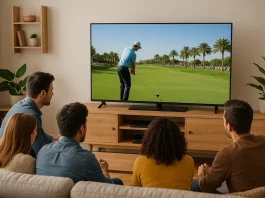 El DP World Tour emite el Abu Dhabi HSBC Championship 2025 en abierto en YouTube Grupo de amigos viendo el Abu Dhabi HSBC Championship 2025 por televisión en el salón de casa