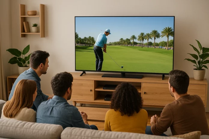Personas viendo golf en directo por televisión Grupo de amigos viendo el Abu Dhabi HSBC Championship 2025 por televisión en el salón de casa