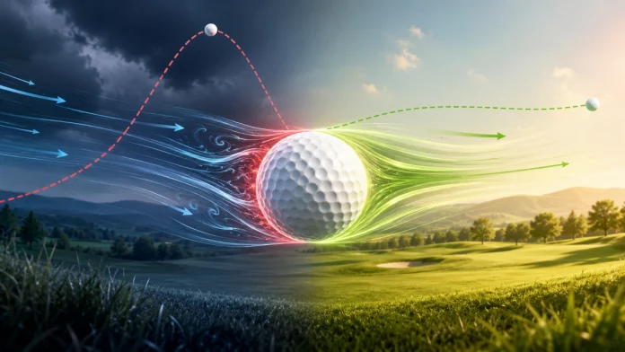 Ilustración de la aerodinámica de una bola de golf mostrando la diferencia entre viento en contra y viento a favor sobre la trayectoria de vuelo.