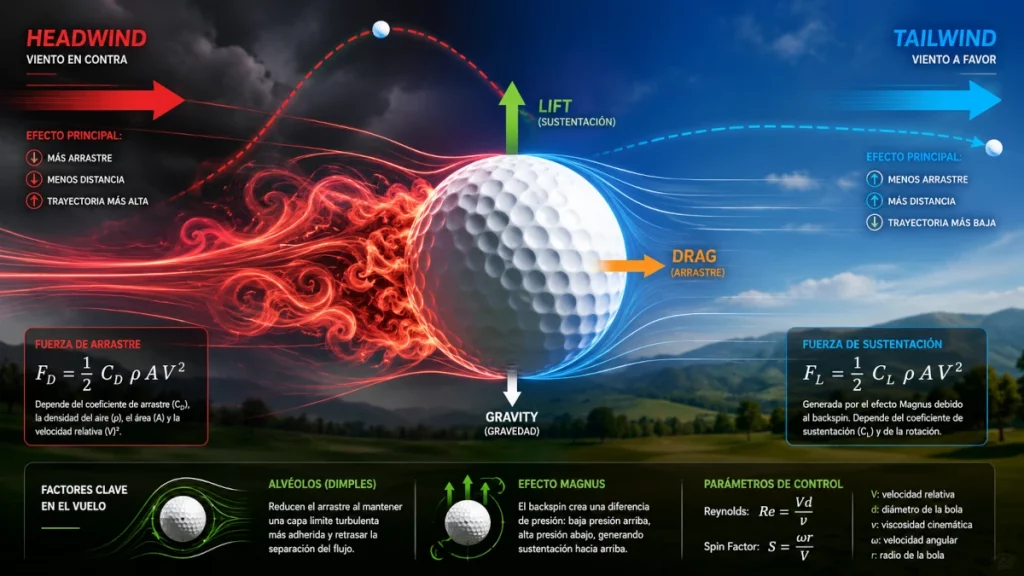 Infografía sobre la aerodinámica de una bola de golf mostrando los efectos del viento en contra y del viento a favor sobre el arrastre, la sustentación y la trayectoria de vuelo.