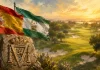 Cómo llegan los españoles al LIV Golf Andalucía 2026 en Valderrama: análisis completo de su temporada Ilustración de campo de golf difuminado al atardecer con banderas de España y Andalucía y un escudo de Cádiz en relieve de piedra en primer plano.