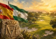 Cómo llegan los españoles al LIV Golf Andalucía 2026 en Valderrama: análisis completo de su temporada Ilustración de campo de golf difuminado al atardecer con banderas de España y Andalucía y un escudo de Cádiz en relieve de piedra en primer plano.