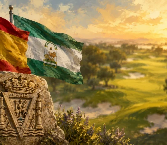 Cómo llegan los españoles al LIV Golf Andalucía 2026 en Valderrama: análisis completo de su temporada Ilustración de campo de golf difuminado al atardecer con banderas de España y Andalucía y un escudo de Cádiz en relieve de piedra en primer plano.