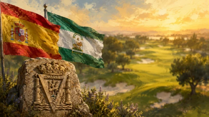 Ilustración de campo de golf difuminado al atardecer con banderas de España y Andalucía y un escudo de Cádiz en relieve de piedra en primer plano.