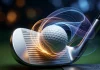 La Ciencia del Backspin: La Física Definitiva para Frenar la Bola con tus Wedges Impacto de un wedge de golf contra una bola generando backspin, visualizado mediante líneas de energía fluidas de color dorado y azul.