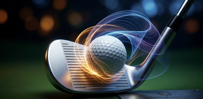 Impacto de un wedge de golf contra una bola generando backspin, visualizado mediante líneas de energía fluidas de color dorado y azul.
